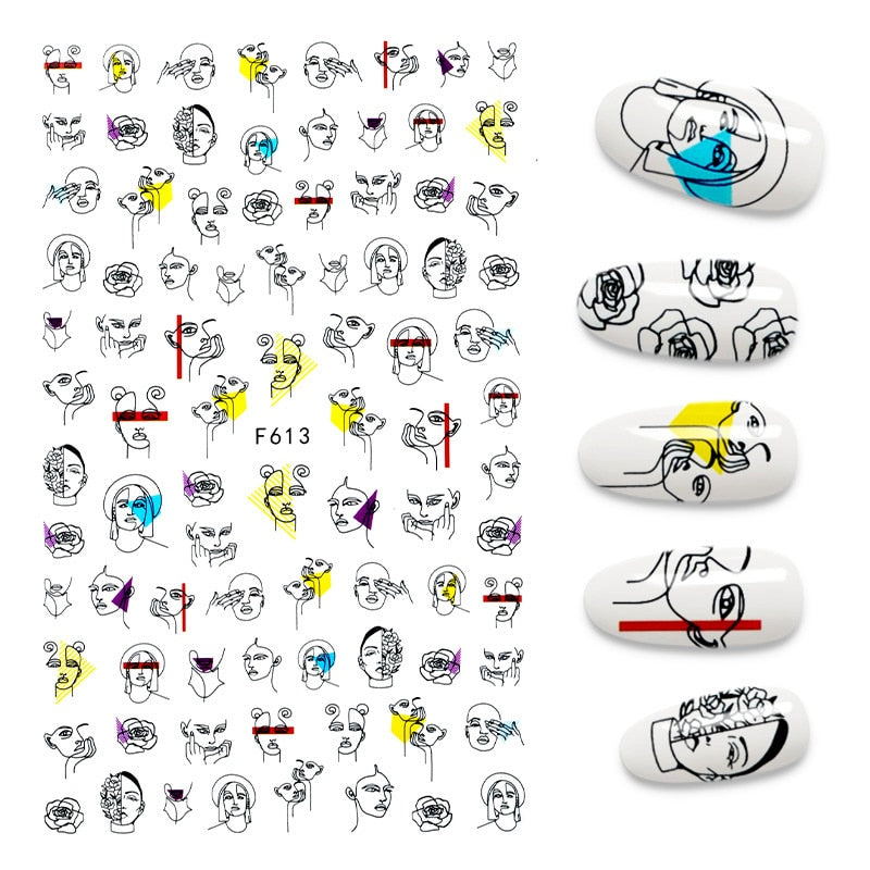 3D Flower Nail Stickers Women Face Sketch Abstract Butterfly Image Sexy Girl  Decor Sliders Manicure Stickers for Nails