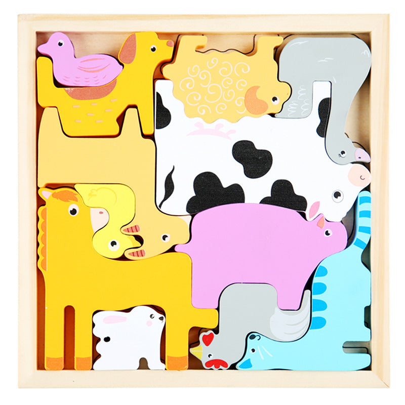 Cartoon animal three-dimensional puzzle puzzle young children wood puzzle early teaching hand grip fruit vegetable traffic toys